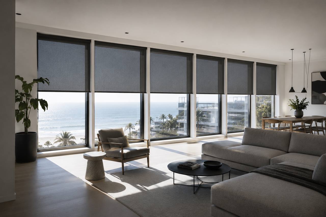 Motorised roller blinds across six west-facing windows in Camps Bay