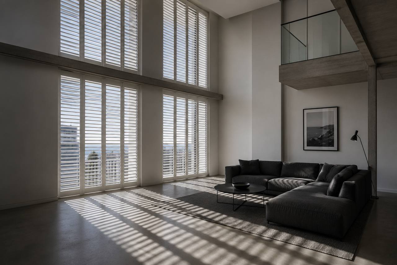 Timber shutters in a double-volume Sea Point living room