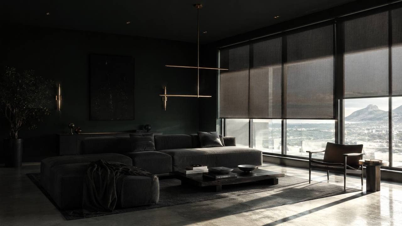 Motorised roller blinds in a luxury Cape Town living room